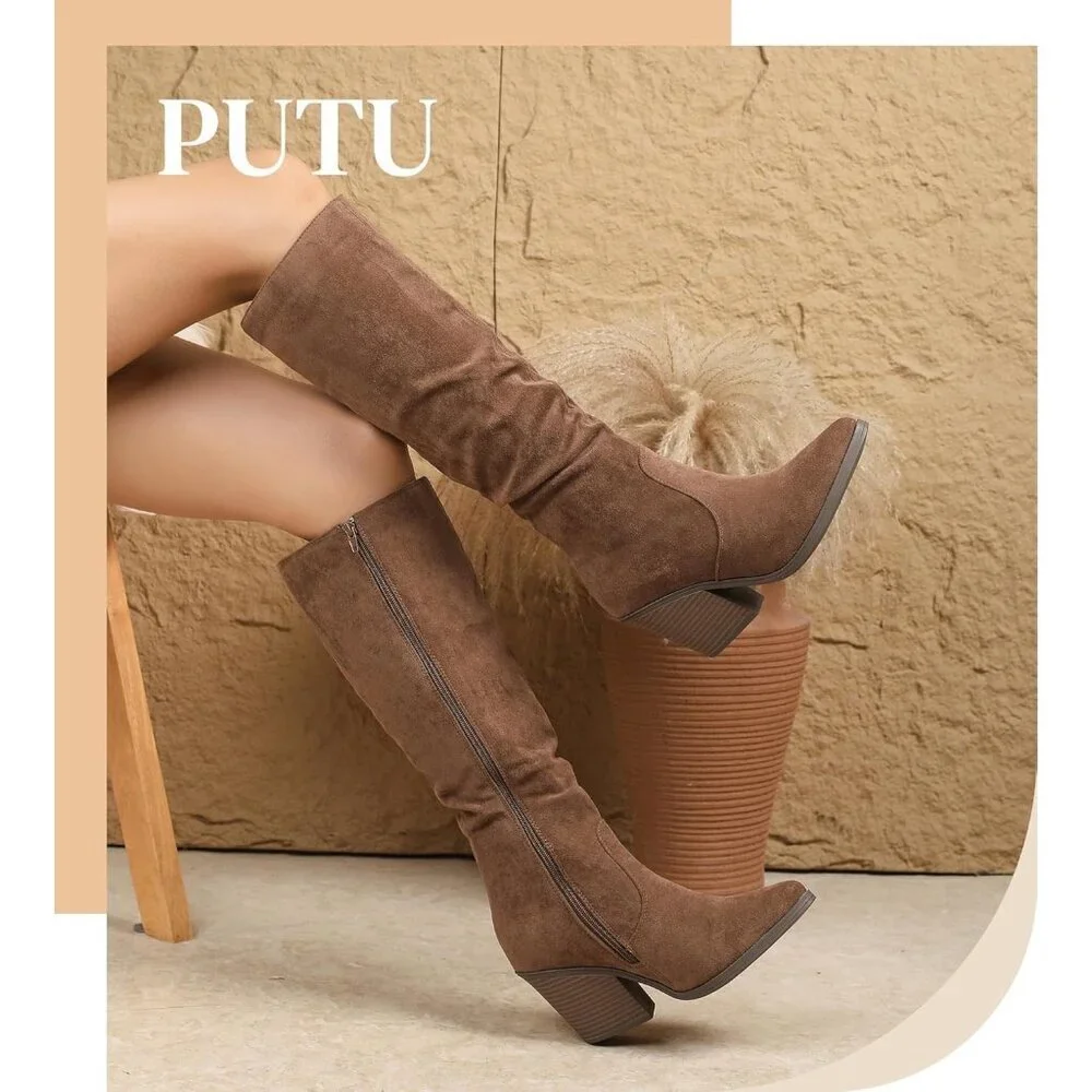 Women's Brown Faux Suede Chunky Heel Boots Side Zipper Slouchy Knee High Boots